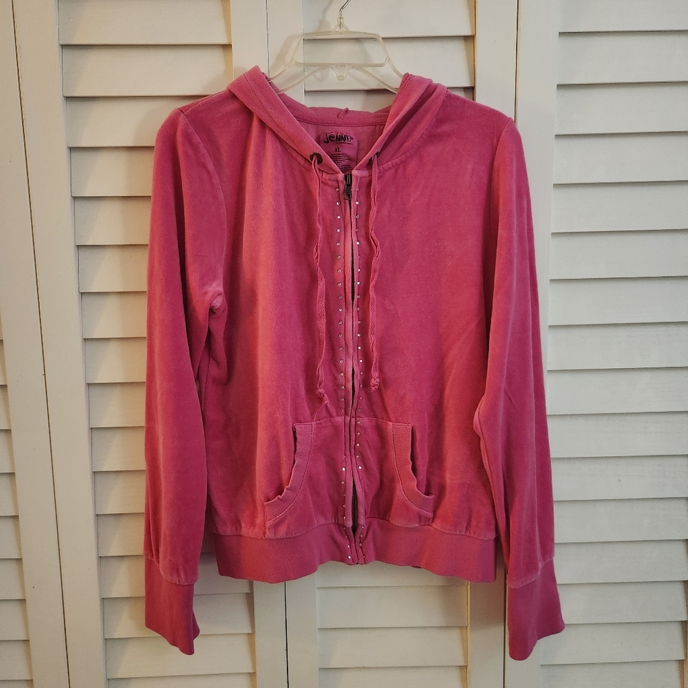 Jenni Pink Velour Zip-Up Hoodie w/ Rhinestone Details – Size XL